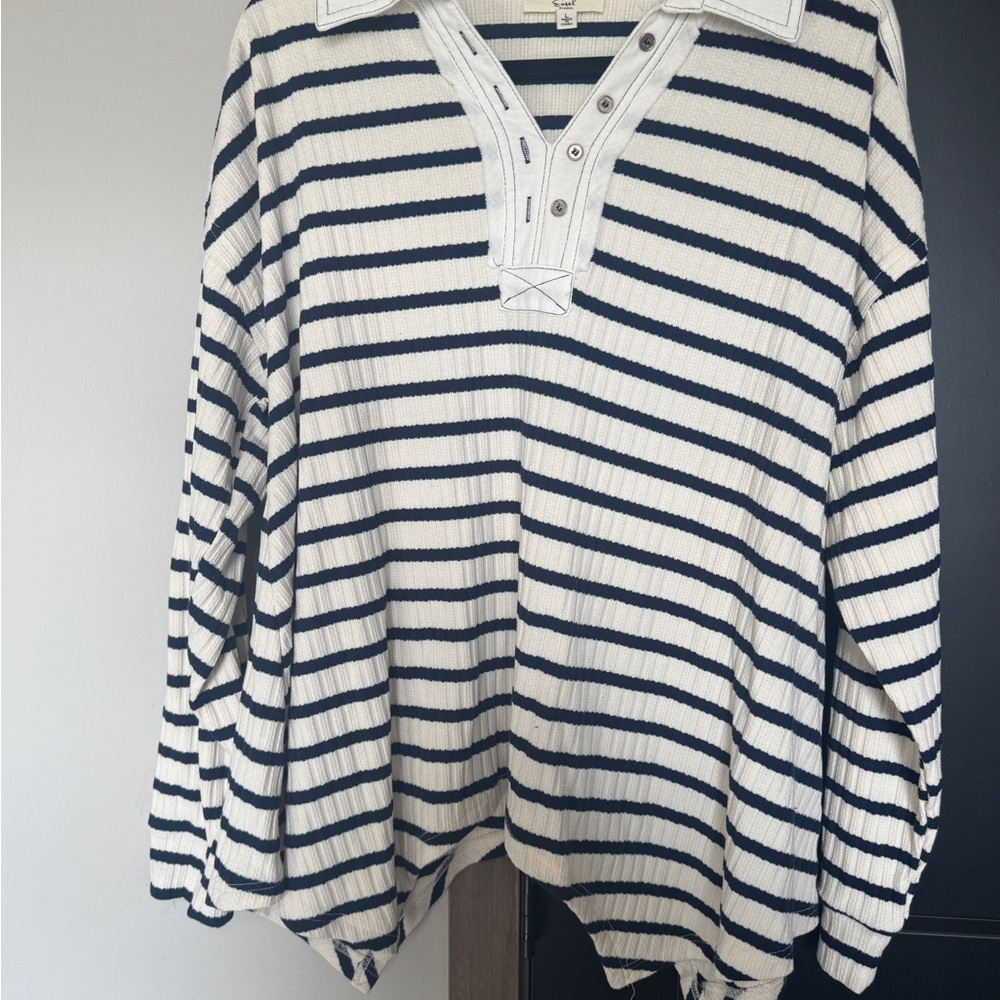 Easel Navy and Cream Striped Top